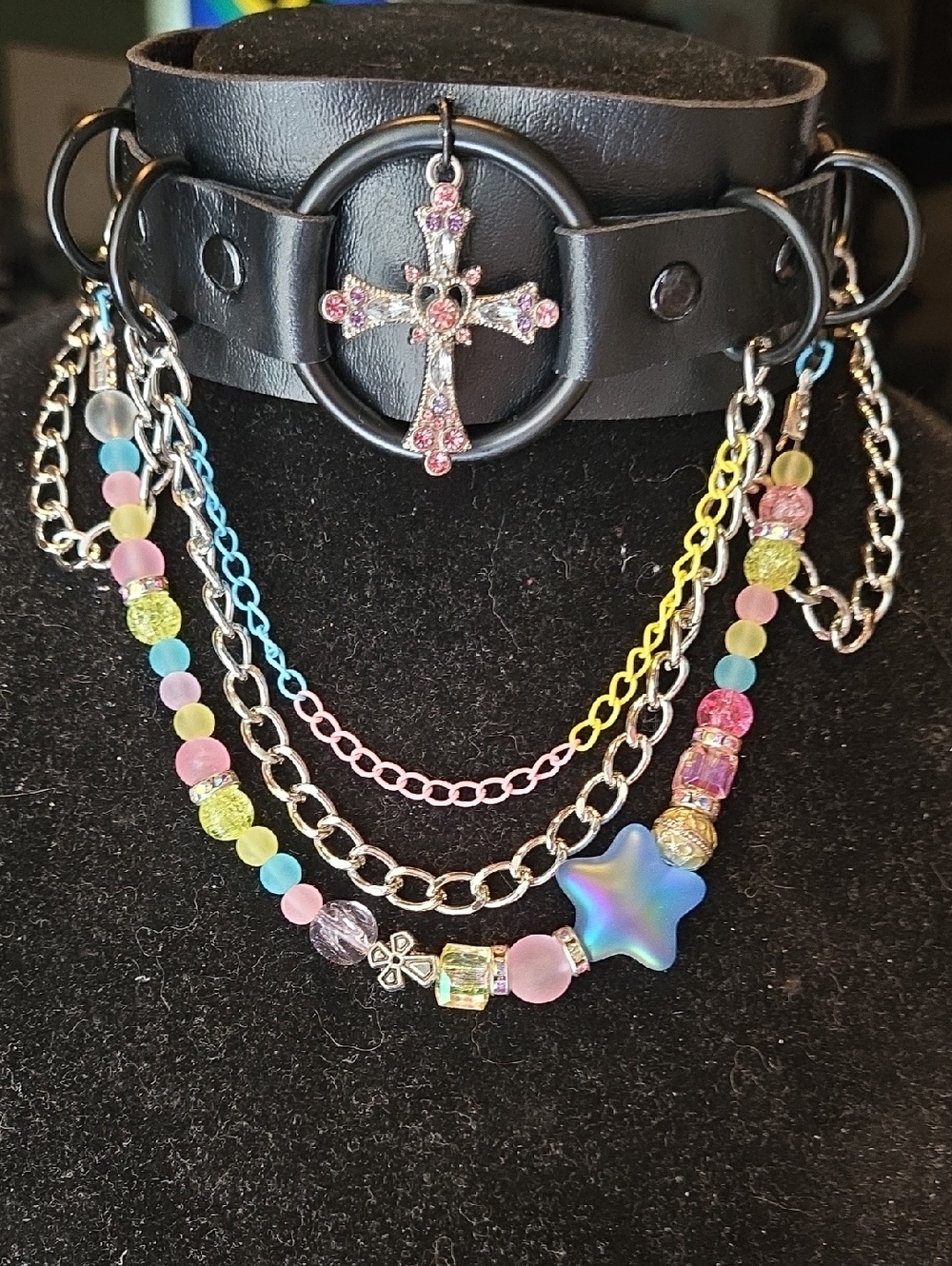 Black Faux Leather Cross Charm Choker with Pastel Beaded Chains